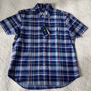 Ralph Lauren Blue and Red Plaid Men's Shortsleeved Button-Down Shirt, medium